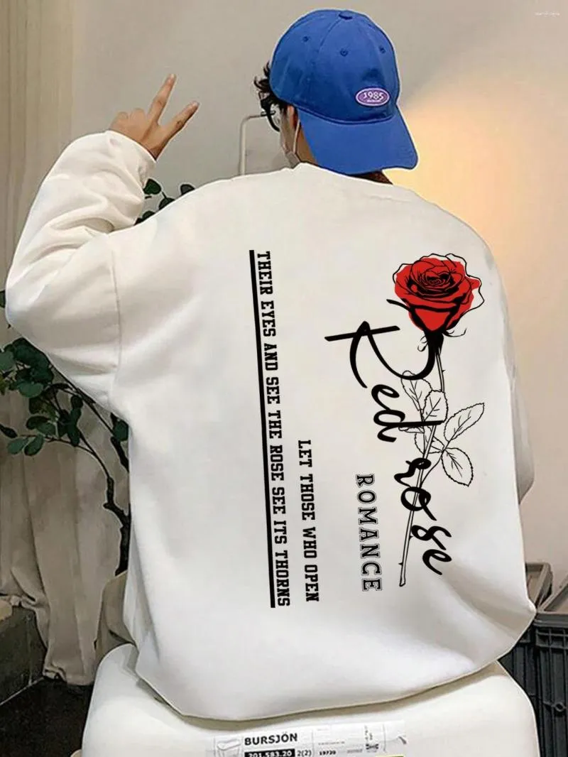 Herrtröjor harajuku romantik röd rose blommor slogan tryckt herr tröja mode varm hoody rolig lös streetwear hip hop fleece kläder