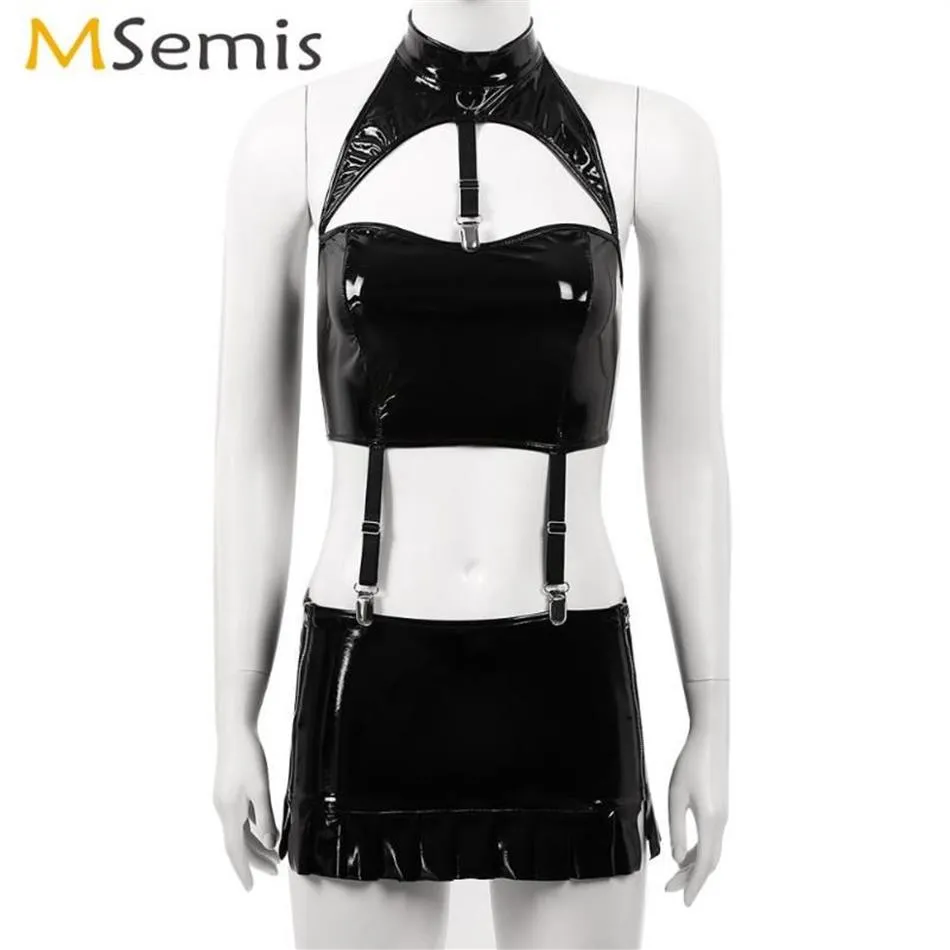 Women's Panties Women Erotic Latex Mini Skirt With Halter Cutout Crop Top Clubwear Rave Patent Leather Outfit Sexy Wet Look B211k