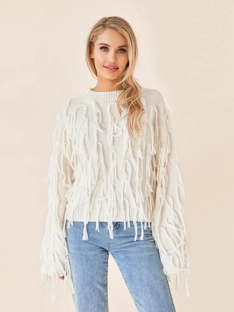 Round-neck Long Sleeves Tasseles Sweater Tops Round-neck Long Sleeves Tasseles Sweater Tops