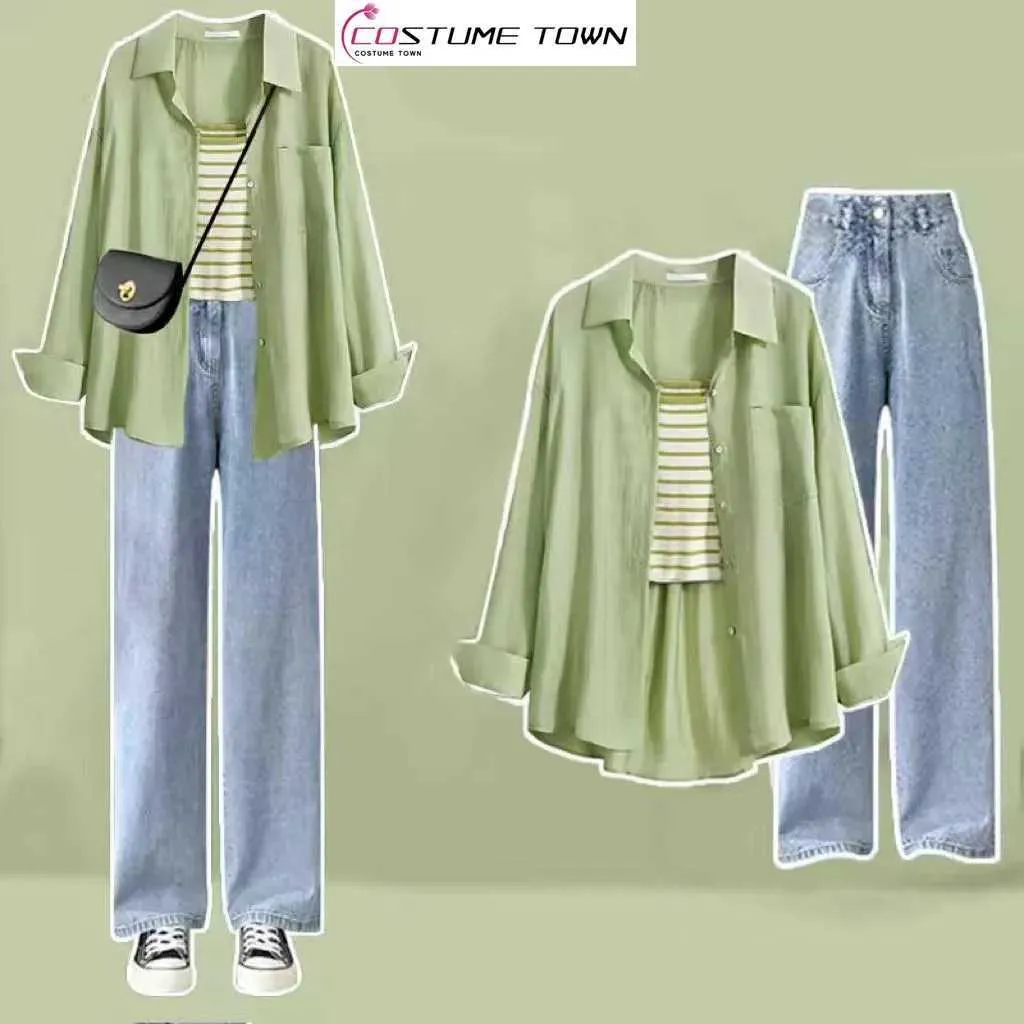 Женские брюки из двух предметов, корейский стиль, солнцезащитная шифоновая рубашка, полосатый жилет, широкие джинсы, три элегантных комплекта, повседневная одежда