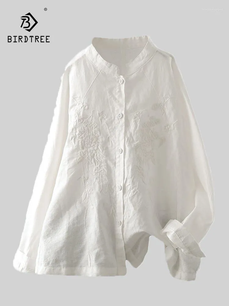 Kvinnors blusar Autumn Cotton Linen White Shirts Women Stand Collar Embroidery Tops Lång ärm Loose Casual Spring T38103JC