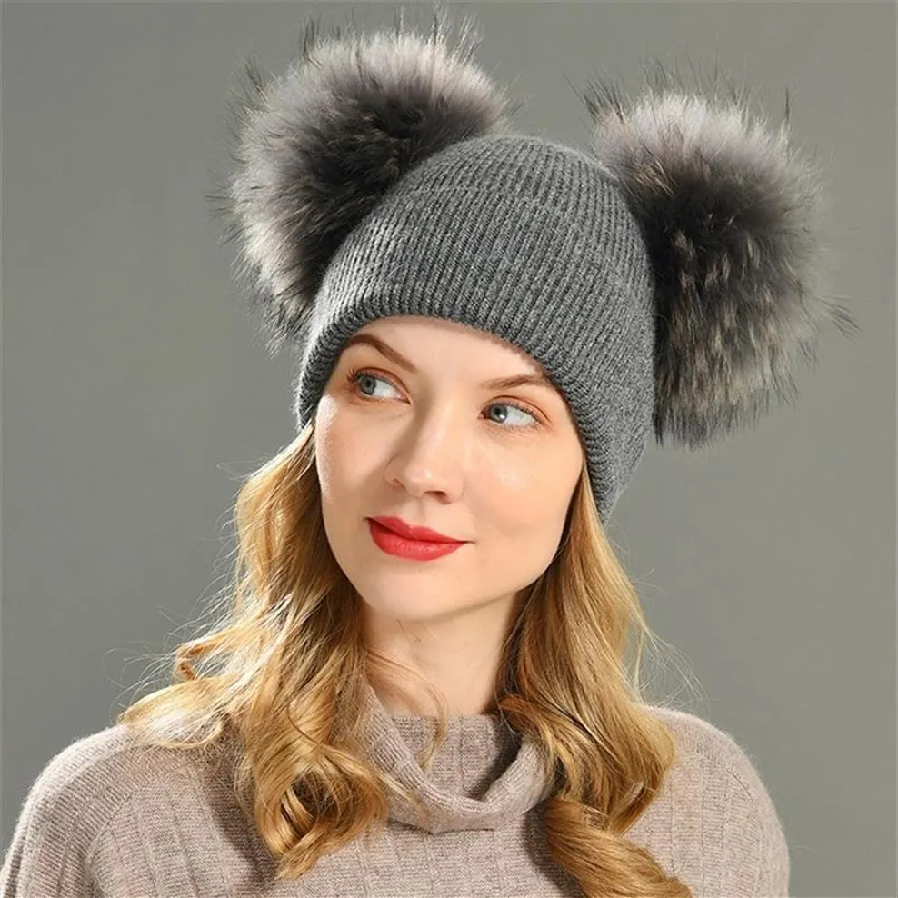 Double vraie fourrure Pom Pom chapeau femmes casquettes d'hiver tricoté laine chapeaux Skullies bonnets filles femme naturel deux fourrure PomPom Beanie chapeau 20328w