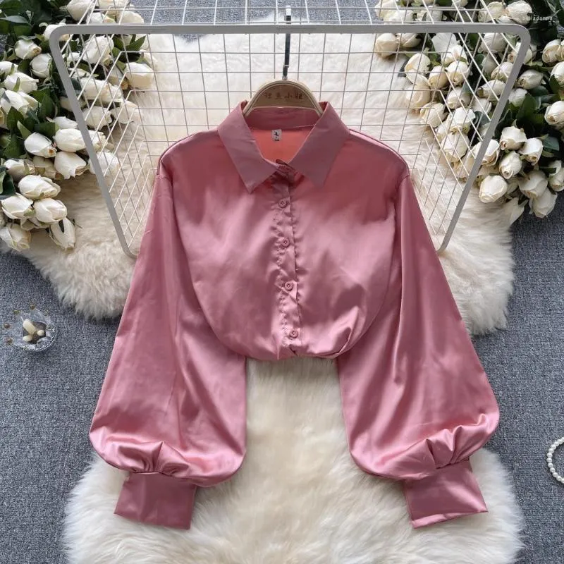 Damesblouses Vintage elegante shirts voor dames Turn-down kraag revers enkele lange satijnen blouse met pofmouwen Herfst chique vrouwelijke tops