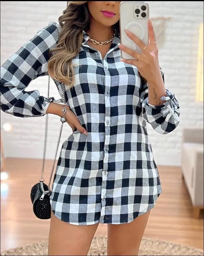 Vestidos casuais outono moda checker impresso camisa vestido mulheres manga comprida botão solto