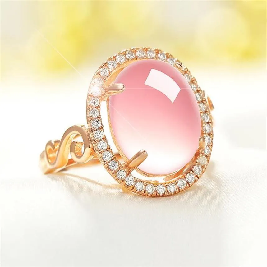 100% 925 Stering Zilver Kleur Rozenkwarts Ringen Voor Vrouwen Natuurlijke Roze Crystal Wedding Band Diamond Ring Luxe Fijne Sieraden Clust323b