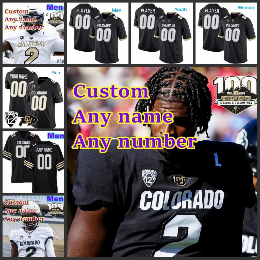 2023 Anpassad S-6XL NCAA Colorado Buffaloes Football Jersey 2 Shedeur Sanders 12 Travis Hunter 78 Löd 96 Hasselbach 87 Cochrane 10 Weaver 3 Edwards 45 Grzesiek