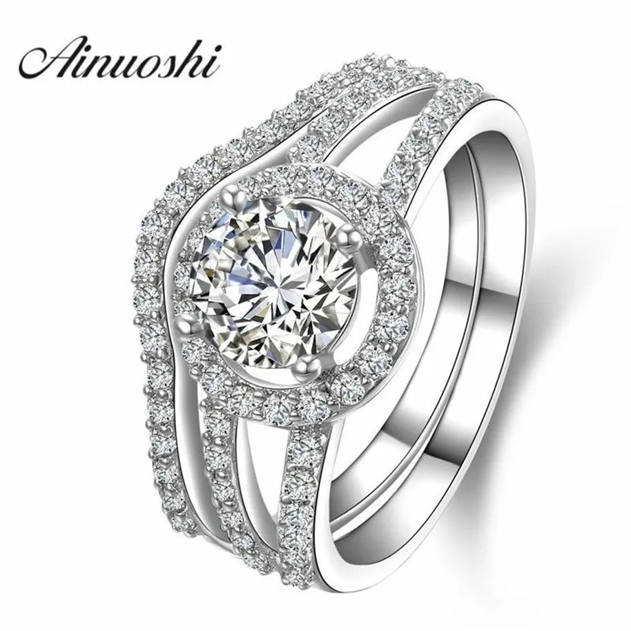 Ainuoshi Luxury 1 Carat Women Engagement Rings Set 925 Solid Sterling Silver Halo Bague High Quality Bridal Ring Set for Party Y20268I