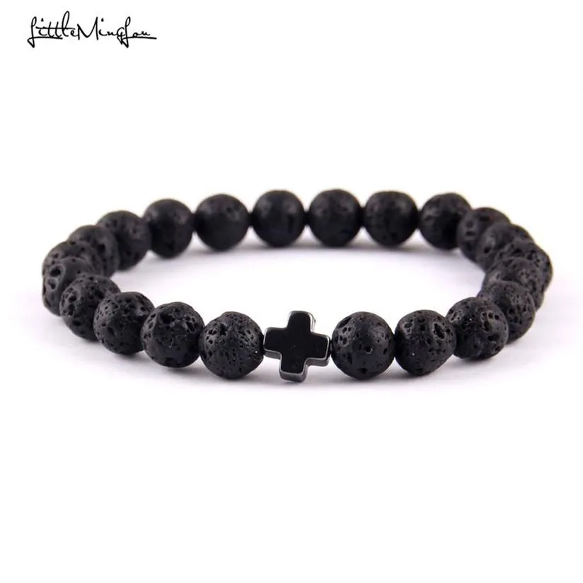 Mały Minglou Nowy modny Jezus Cross Charm Men Bracelets Black Lava Stone 8 mm Breats Breatlets Banles for Women Jewelry329t