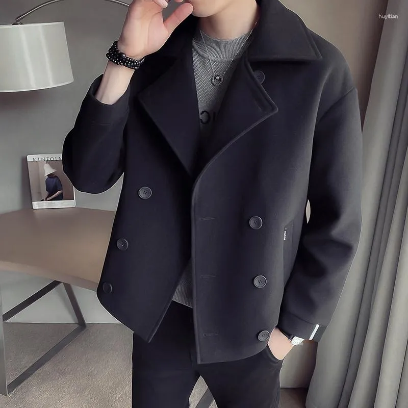 Men's Jackets 2023 Autumn And Winter Wool Blend Coat Korean Windbreaker Loose Short Casual Jacket Social Solid Black