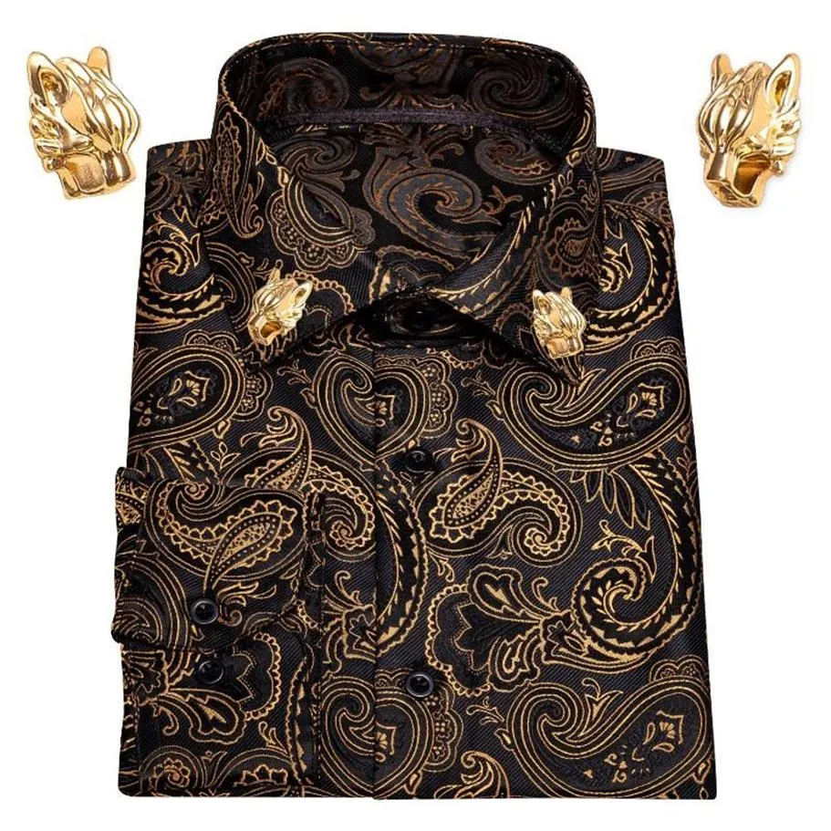 Ouro paisley seda camisas masculinas manga longa flor casual para vestido barry wang designer leopardo colarinho pino masculino 227m