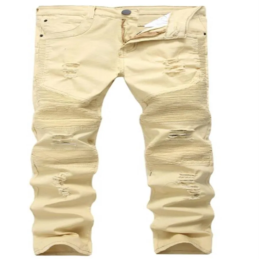 Top Qualité Kaki Biker Jeans Plissé Conception Hommes Skinny slim Stretch Denim pantalon 2016 Nouvelle Arrivée Hip-Hop Street Ripped Jeans263g