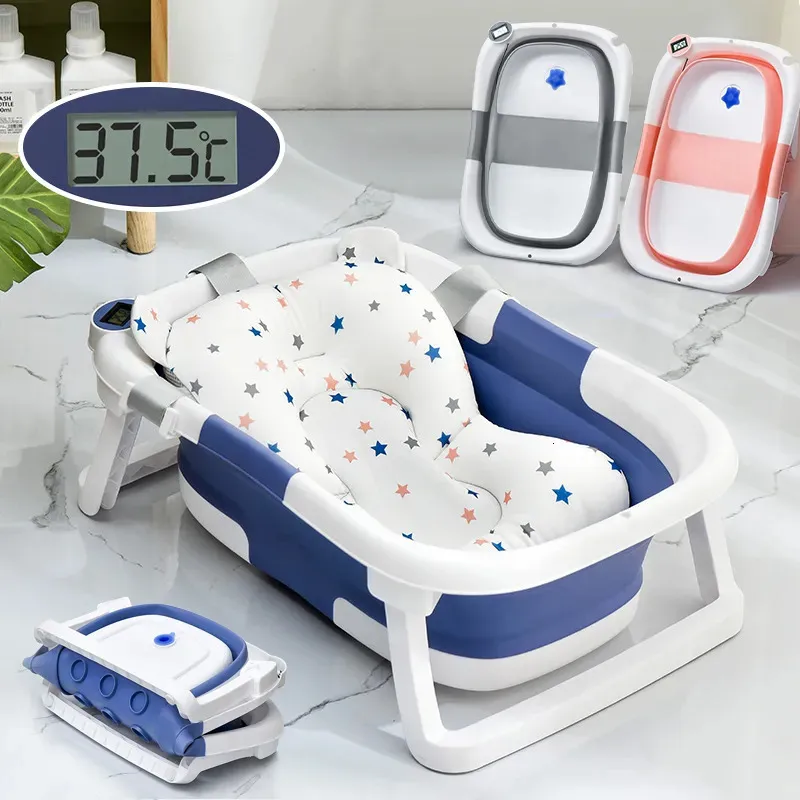 Foldable Baby Bathtub with Temperature Sensor - Silicone Infant Tub ...
