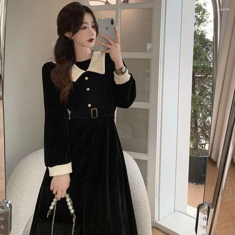 Casual Kleider Elegante Büro Damen Frauen Kleid Langarm Cord Einfarbig Koreanische Mode Vintage Mädchen Herbst Midi 2023