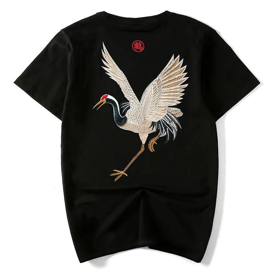 Été nouvelle marque de marée style chinois rétro national vent coton à manches courtes broderie grue T-shirt à manches courtes mâle lâche226x