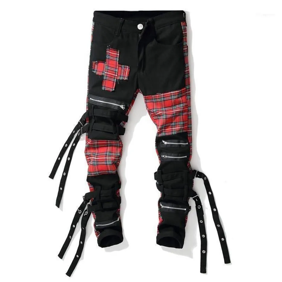 Jeans masculinos punk rock xadrez impressão hip hop calças multi zíper remendos preto denim calças cantor dançarino traje drop215u