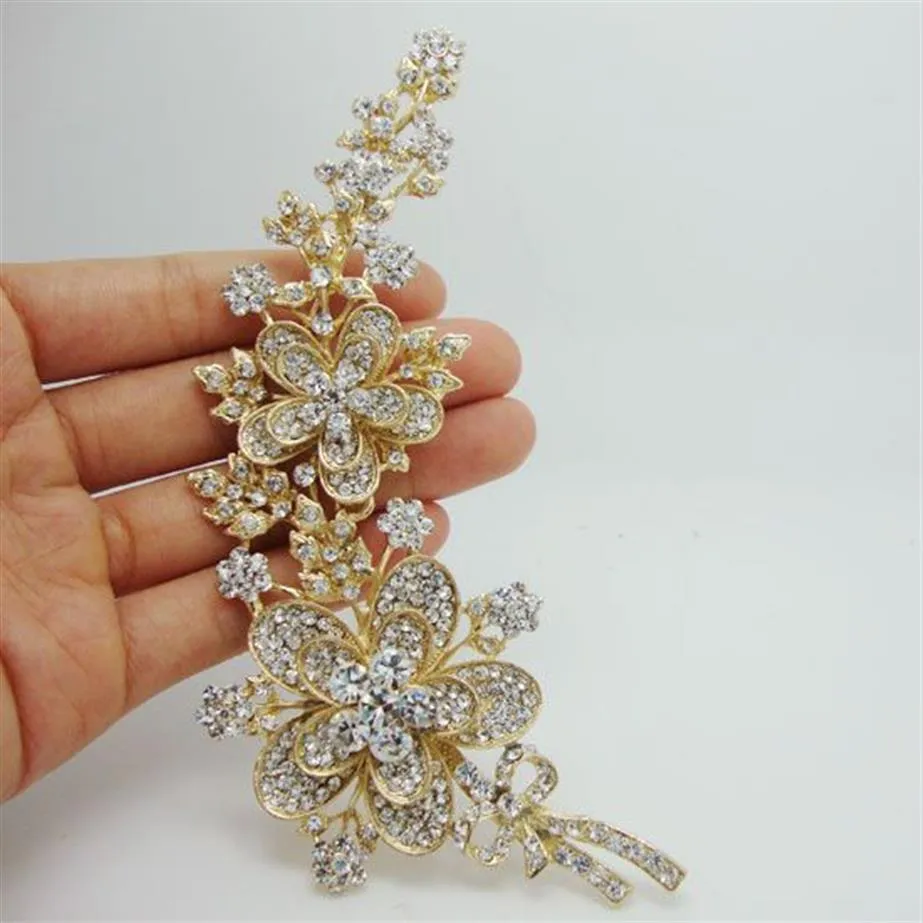 Whole - New Elegant Luxury Rose Long Flower Leaf Gold Plate Art Nouveau Brooch Pin Clear Rhinestone Crystal251u