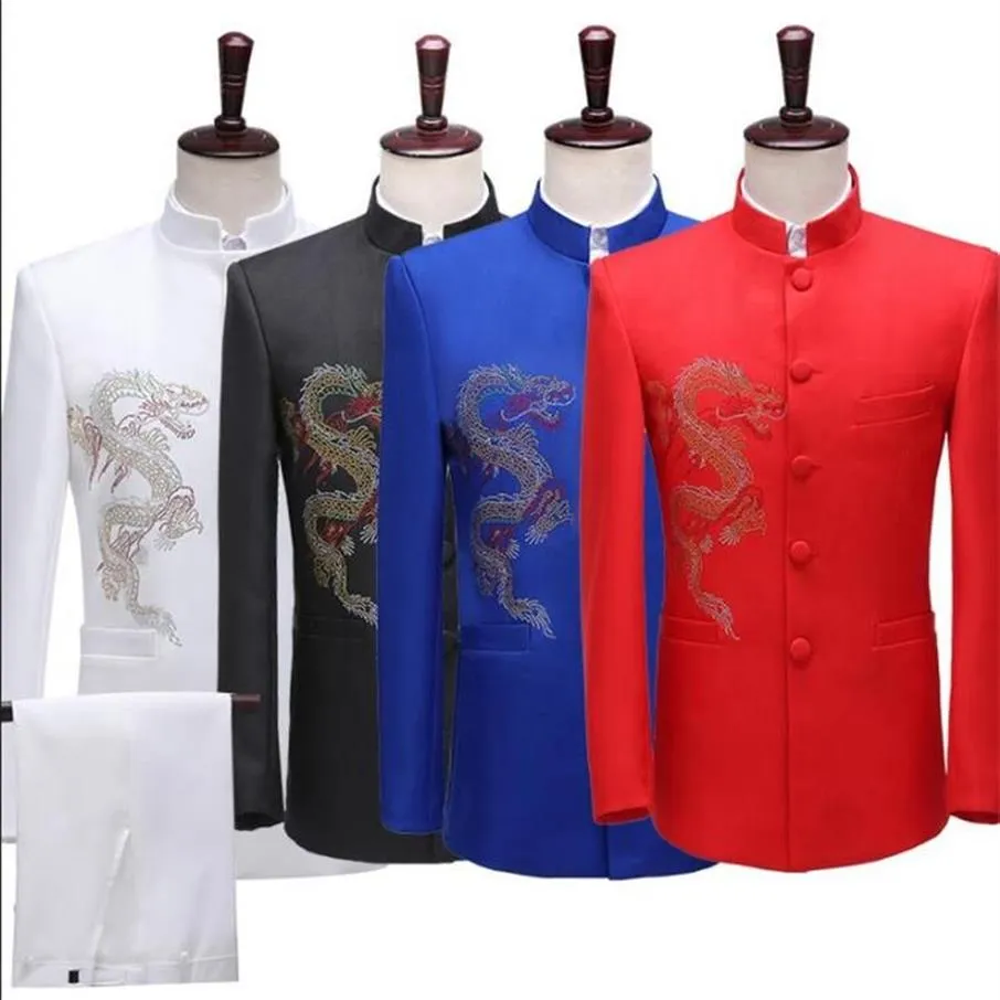 Мужские костюмы, пиджаки, пиджак, мужская китайская туника, комплект со штанами, мужской костюм дракона с вышивкой, певица, звезда, сценическая одежда, 289 Вт