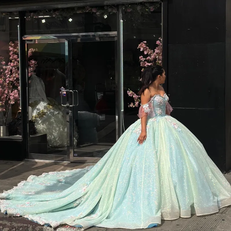 Sage Green paljetter Bollklänning Quinceanera klänning Tulle applikationer blommor av axel söt 15 16 födelsedagsfest formell