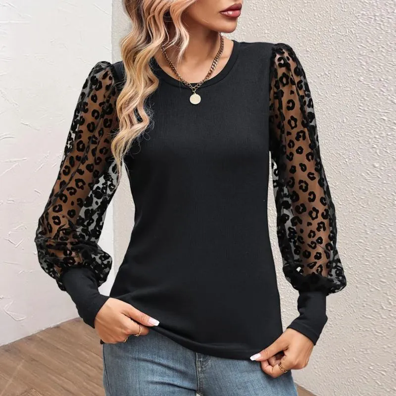 Camicette da donna Camicetta da donna primavera autunno Top trasparente in rete Camicetta da donna con stampa leopardata girocollo T-shirt da pendolarismo a maniche lunghe slim fit lavorata a maglia