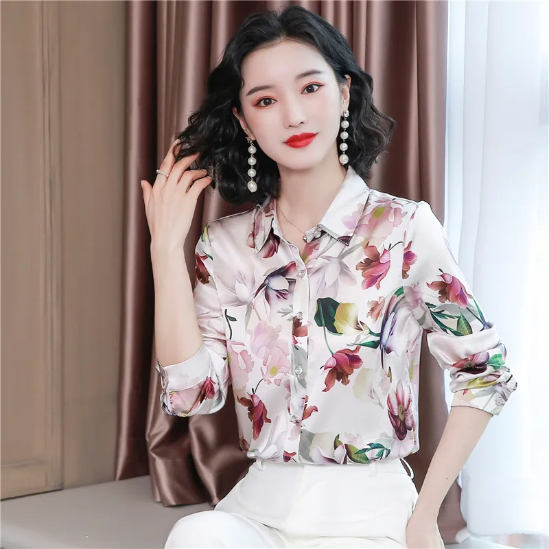 Luxury Fashion Pink Floral Shirt 2023 Women Designer Silk Satin Runway Tops Office Lady Long Sleeve Graphic Bluses Autumn Winter Chic Lapel Classic Button Up Shirts