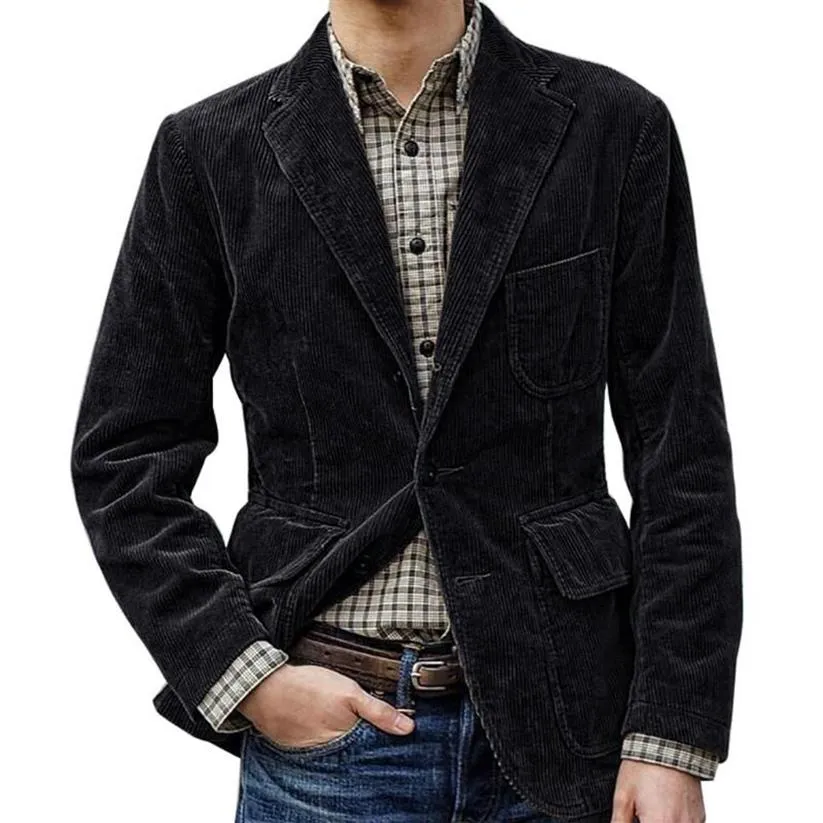 Hommes marque de mode velours côtelé Blazer Style britannique décontracté coupe ajustée costume veste Blazers hommes simple boutonnage manteau vestes z1016296T