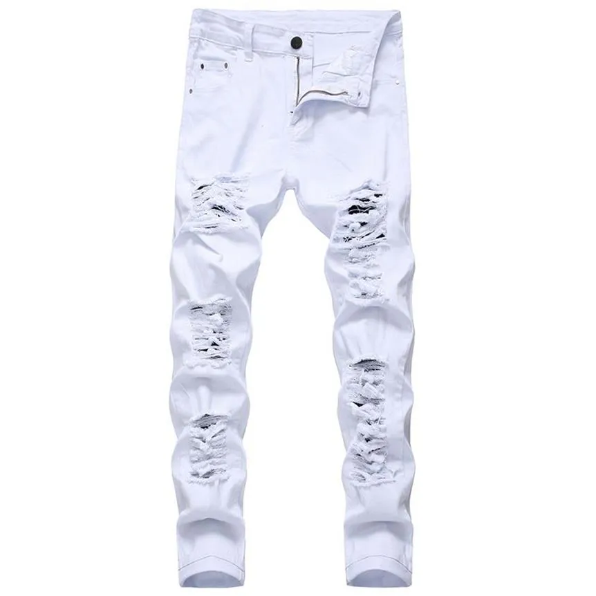 Jeans skinny pour hommes, blanc, noir, trous en détresse, pantalon en Denim pleine longueur, pantalon de Style de rue, Whole280I