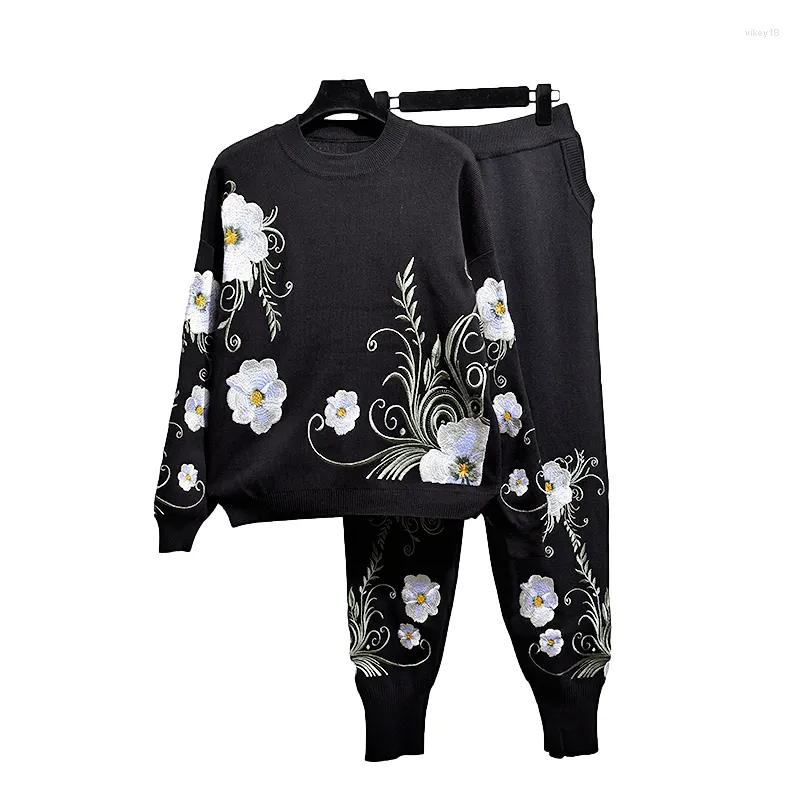 Pantalon de deux pièces pour femmes broderie de fleurs survêtements tricotés femmes tenues décontractées lâche noir col pull pull crayon ensemble femme