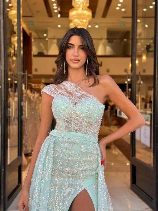 sachin and babi light blue dress Mint Green A-line Deep V-neck Beaded Long Sleeves Evening Gown Prom Dr –  Wish Gown