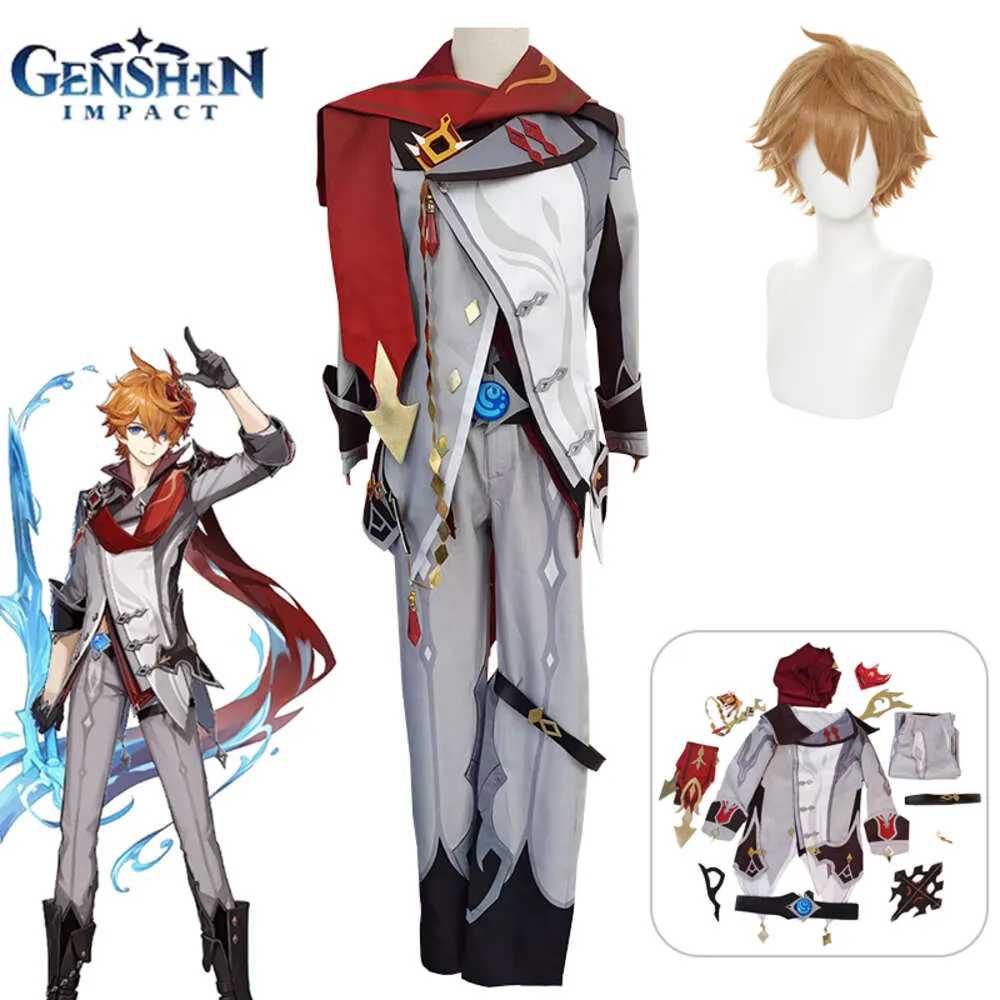 Genshin Impact Tartaglia Cosplay Costume Komplett peruk Childe full set örhängen Halloween kostym för Mencosplay