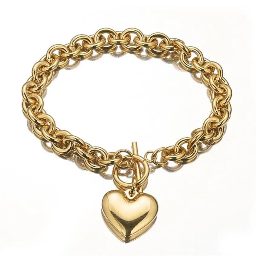 Hele of retail charmante 316L roestvrij staal zilver kleur goud Rolo ovale schakelketting met massief hart heren damesarmband232j