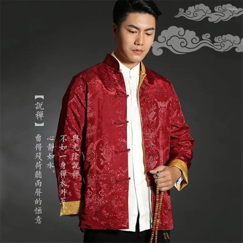 Herrjackor 2023 Spring Mens China Style Printing Tang Suit Frog Button Jacket Oriental Tai Chi Asian Chinese Top Coat