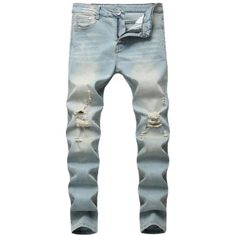 Men's Jeans Fashion Washing Casual Light Blue Denim Distressed Slim Stretch Cowboy Locomotive Biker Hip Hop Street Men219Z