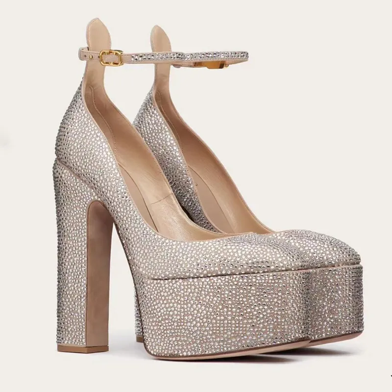 Platfrom hak Jurk schoenen voor dames Luxe ontwerpers klassieke gesp mode Strass pumps Leren zool 15,5 cm hoge hakken Ontwerpers schoen 35-42 met doos