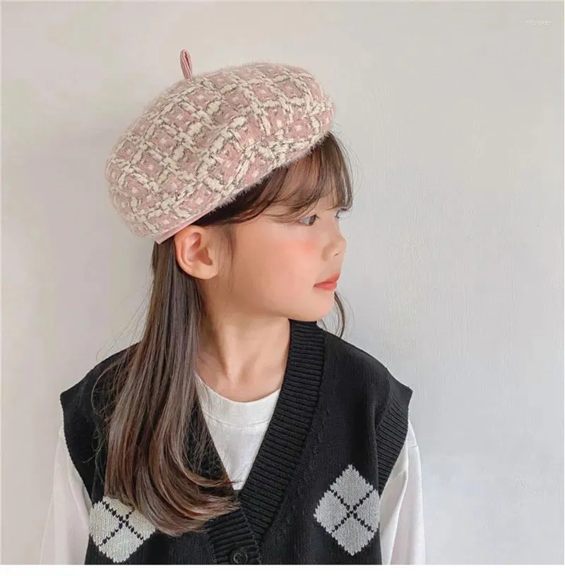 Bérets 202308-ji22 Drop automne hiver Plaid Tweed garçon fille Pu bord mode enfants béret chapeau enfants loisirs peintre