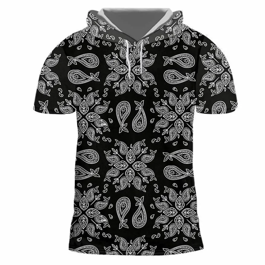 Men's T-Shirts Men 's Hooded Tshirt EU Size Black Paisley Bandana Pattern 3D Print Casual Short Sleeve Harajuku Shirts S252m