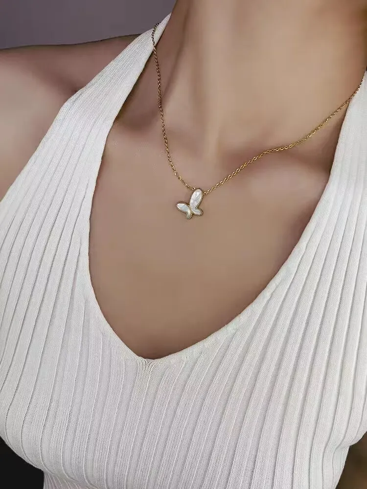 Amor jóias vintage sorte pingente colar designer 18k rosa banhado a ouro branco mãe de pérola borboleta charme gargantilha de corrente curta para mulheres