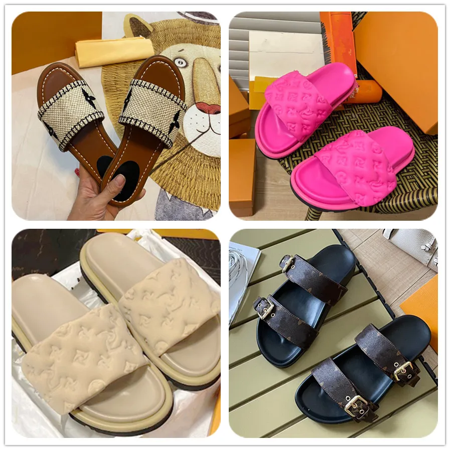 Desinger Womens Slippers White Black Pink Mesh Embroidered Linen Beige Woody Flat Mule Sandals Loe Luxury Beach Platform red green