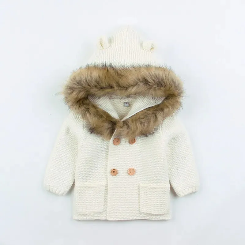 Jackets 024M Winter Baby Boys Girls Knitted Cardigan Outfits Warm Autumn Infant Kids Fur Hooded Sweaters Long Sleeve Coat 231007