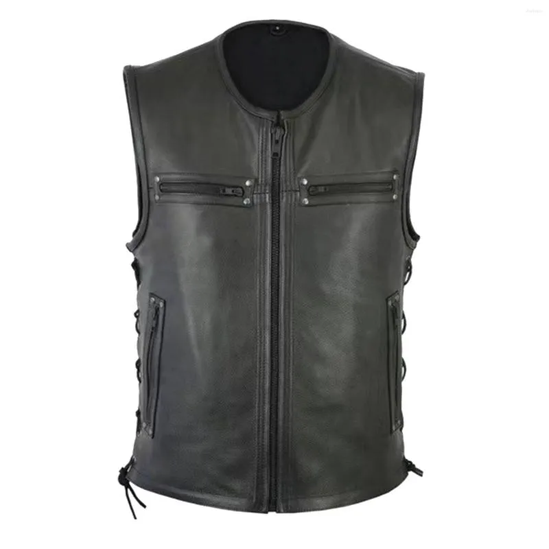 Coletes masculinos homens motocicleta colete de couro cor sólida grande bolso sem mangas motociclista jaquetas punk vintage pu streetwear