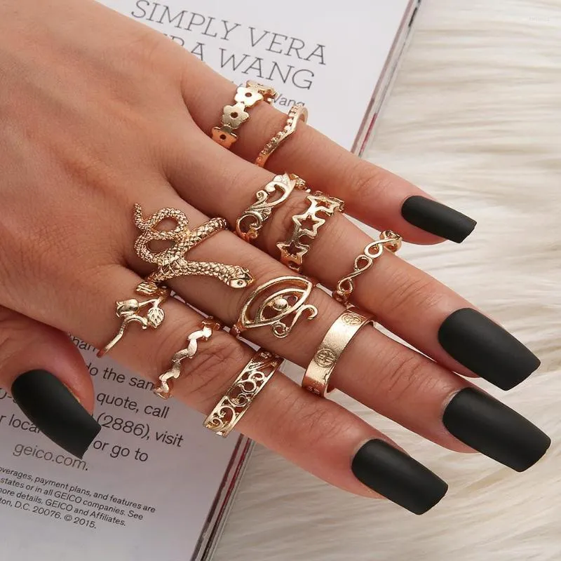 클러스터 반지 11 PCS/세트 Boho Vintage Snake Flower Star ring for Woman Retro Alto Geometry Moon Heart Midi Kunckle Set Jewelry