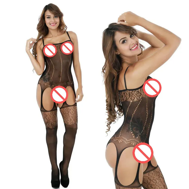 Sexig kroppsstockning Sexig underkläder Hot Women's Sex Underwear Black Open Crotch Temptation Strumps Body Suit Erotic Clothes ll