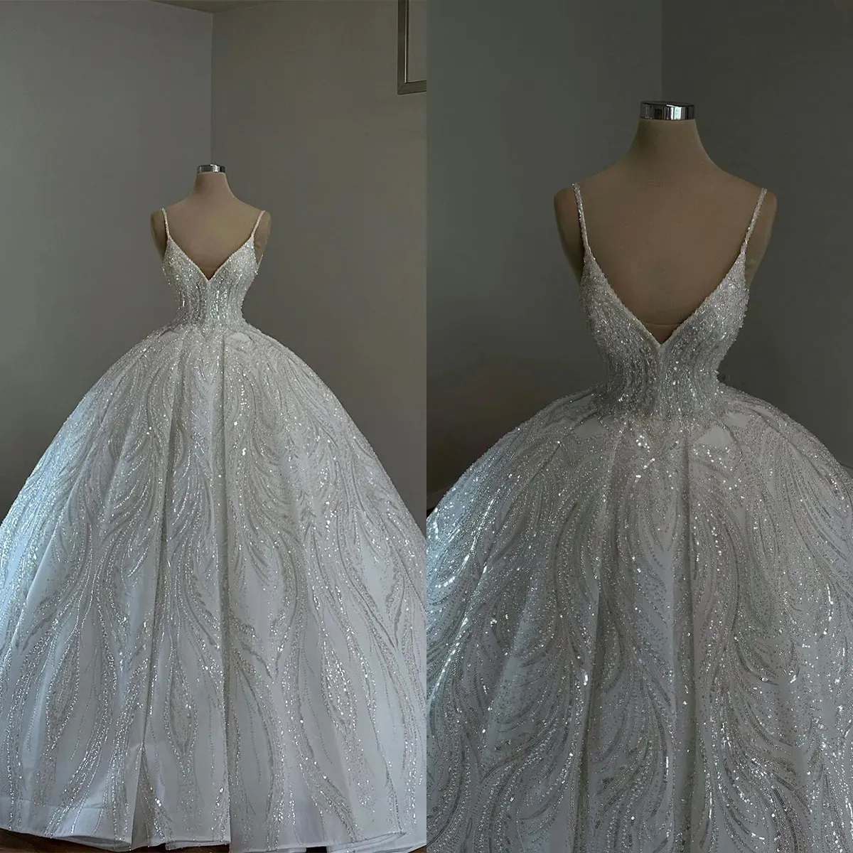 2023 lindo vestido de baile vestidos de noiva vestido de noiva brilhante lantejoulas cintas de espaguete tule até o chão personalizado feito plus size vestidos de novia 401 401