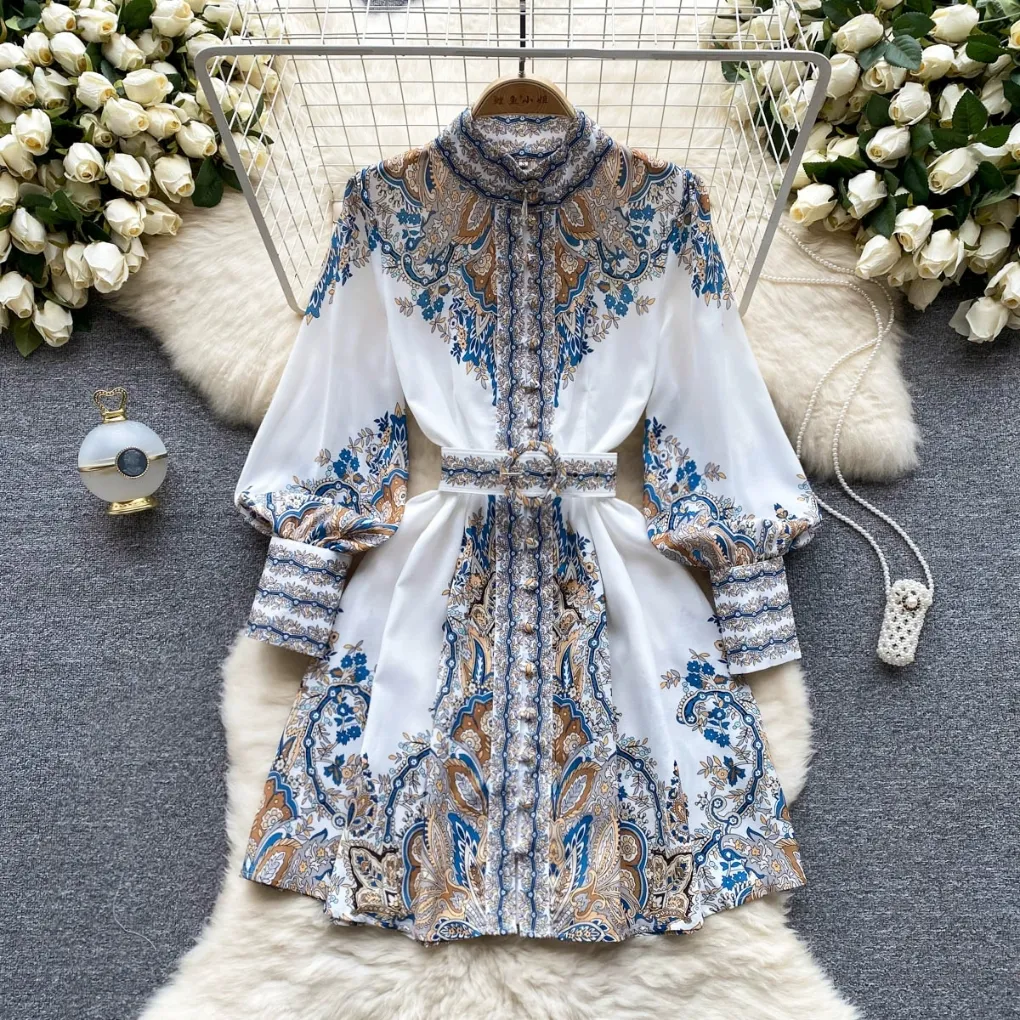Denim Shirt Dress With Lantern Sleeves - Lace-Up Front Fashion Dress