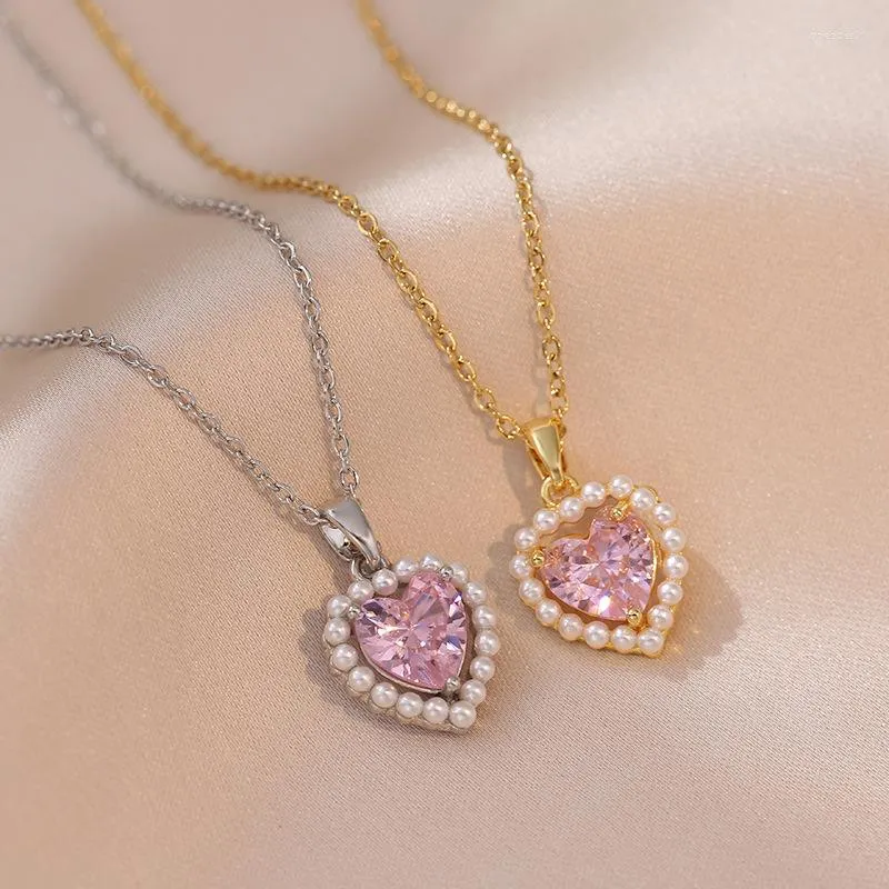 Hanger Kettingen Leuke Parel Hart Ketting Met Steen Roze Kristal Voor Vrouw Gouden Luxe Sieraden Geschenken