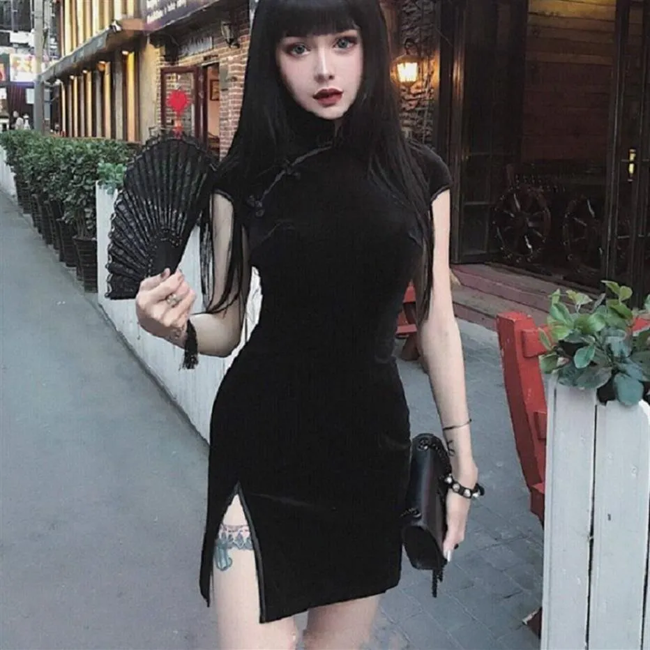 2018 Summer Velvet Women Chinese Cheongsam Retro Harajuku Sexy Stide Dress Black Pink C18111901232Q