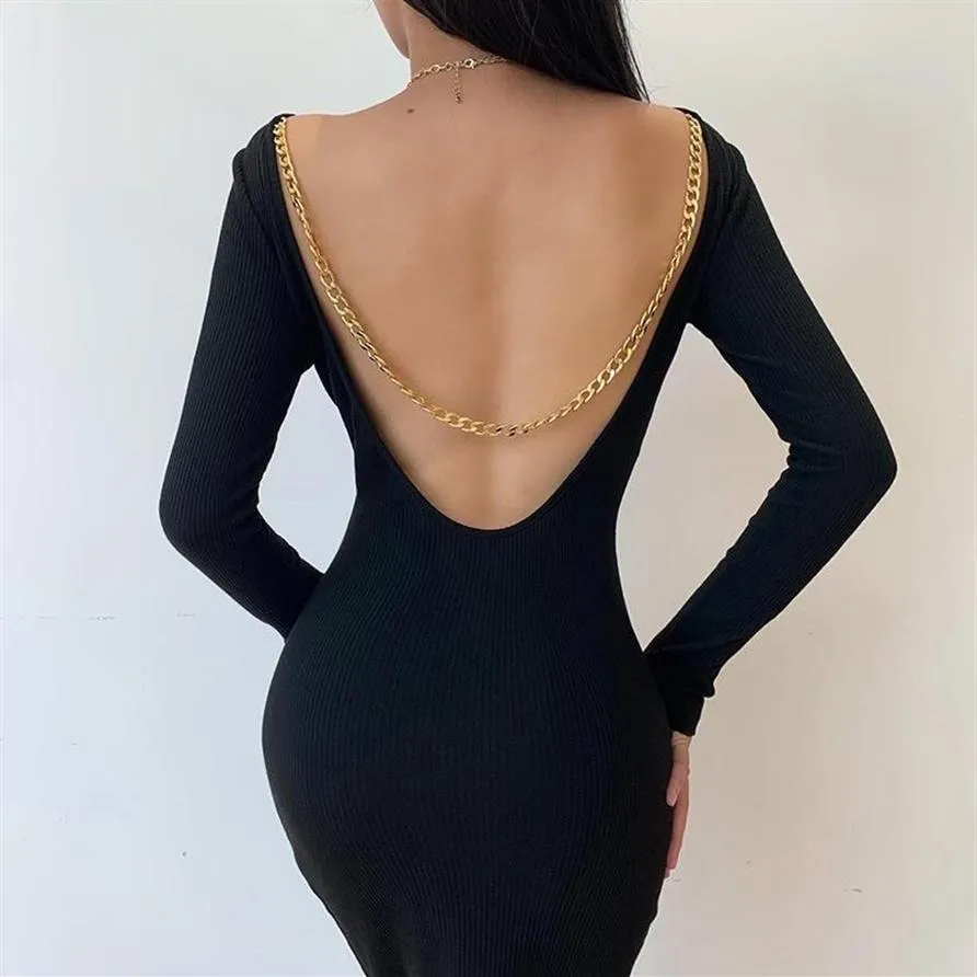 Casual Dresses Sexig backless Slim Winter Dress Woman 2021 Långärmad knälängd Back Hollow Out Metal Chain Bodycon Rand Outfi292s
