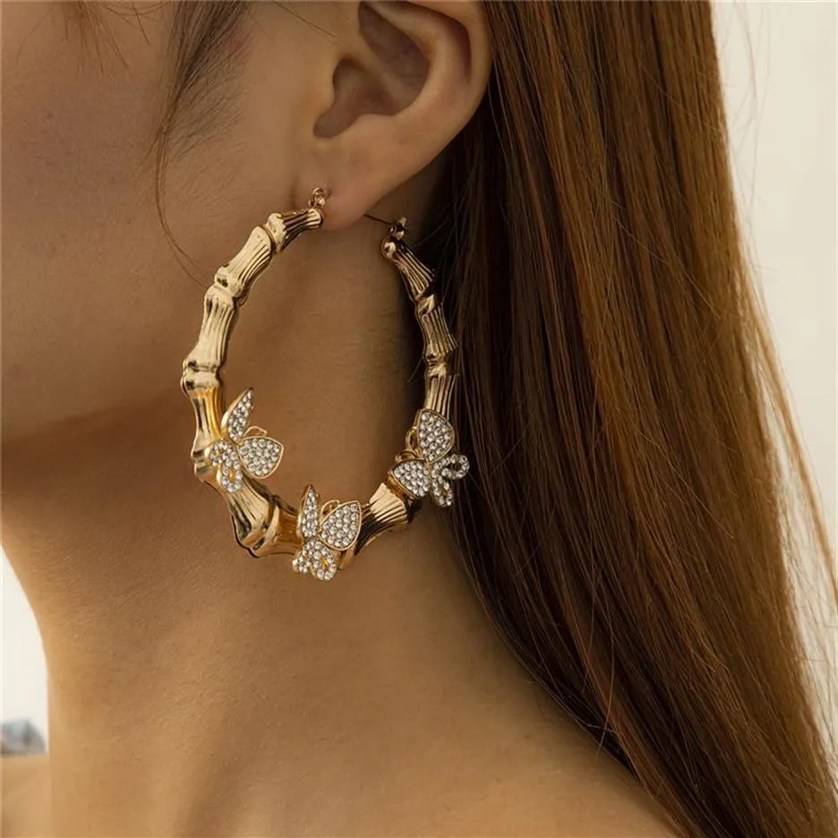 Silver Gold Hoop Earrings Women Iced Out Bling Animal Rhinestone Butterfly Geometric Bamboo Bone Earring Fashion Brand Statement S2853