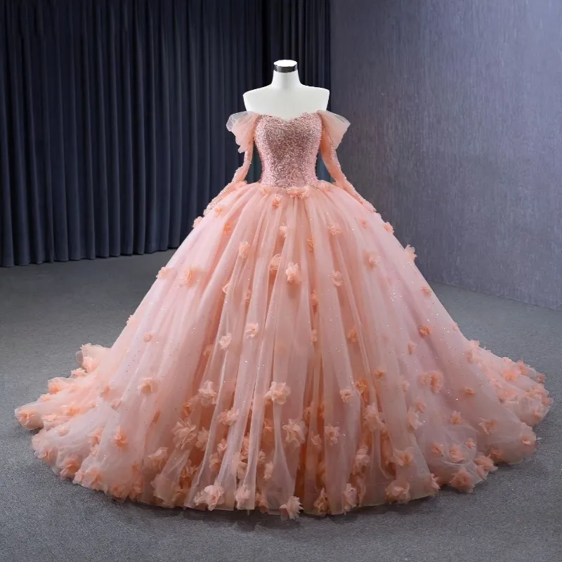 Rose Princesse Chérie Robe De Bal Quinceanera Robes Hors Épaule Fleurs Appliques Perles Tulle De Luxe Corset Robes De 15 Anos