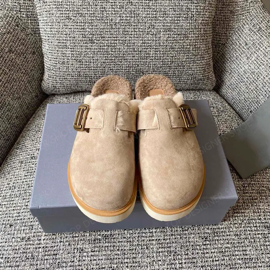 Lyxdesigner päls sandaler stilfull mocka päls fluffiga tofflor tjocksolat spänne ylle fussbett sabot höst och vinter utomhus kvinnor loafers storlek 35-40