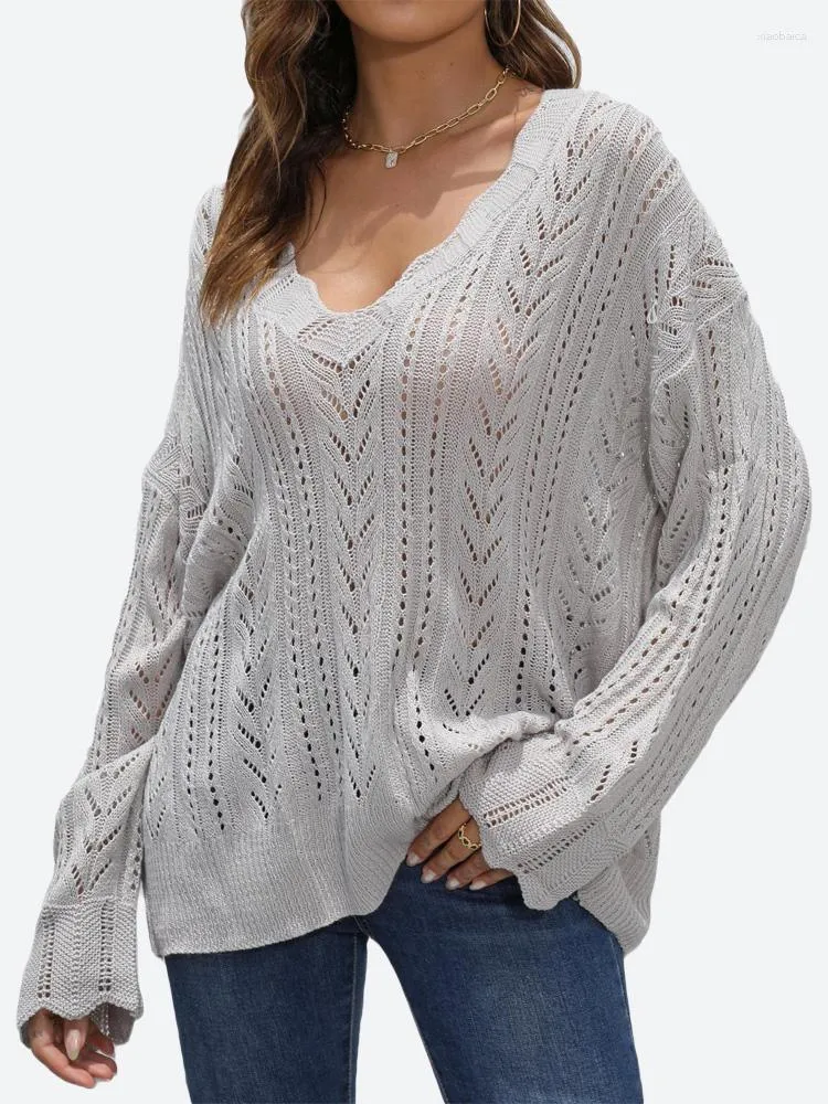 Kvinnors tröjor Benuynffy Deep V Neck 2023 Fall Hollow Out Drop Shoulder Långa ärmar överdimensionerade stickade pullover -jumper toppar